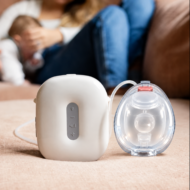 Le tire-lait Lileo et sa cup, posés sur le canapé, une maman et son bébé à l'arrière-plan