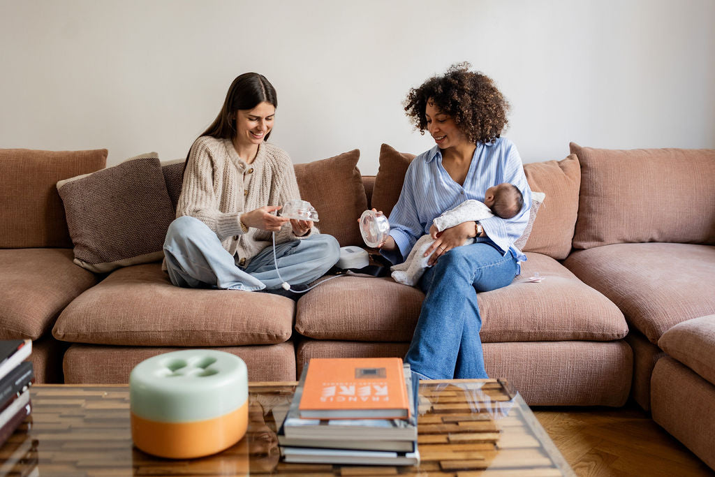 Two mothers using the Lileo breast pump at home.